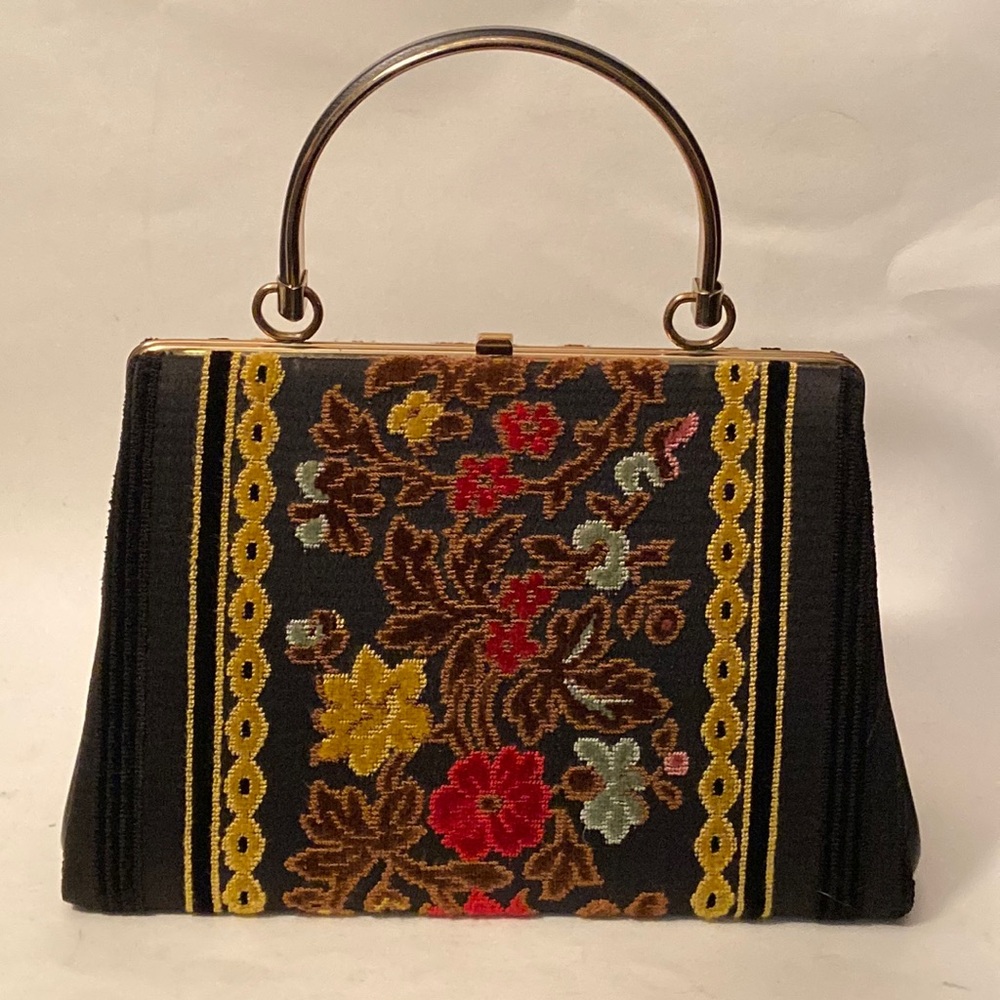Vtg LaFrance Black Faux Leather Multicolor Tapestry Purse Satchel Handbag
